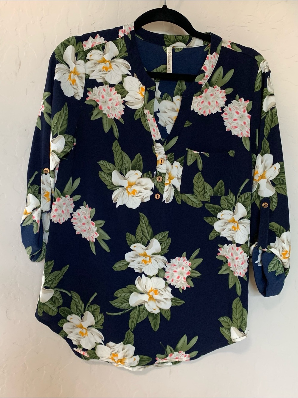 DNA couture Navy Floral Split-V Henley Blouse size M